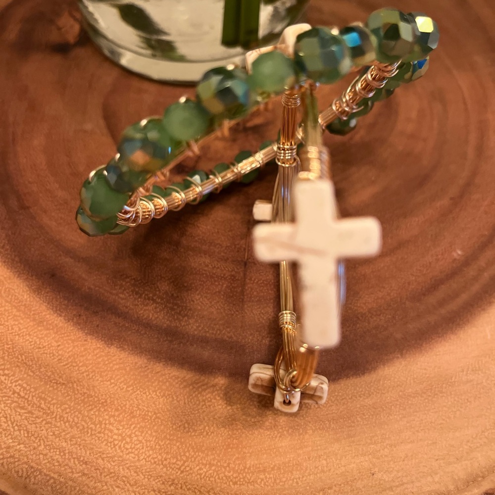 Green Beaded Bracelet with Cross Charm